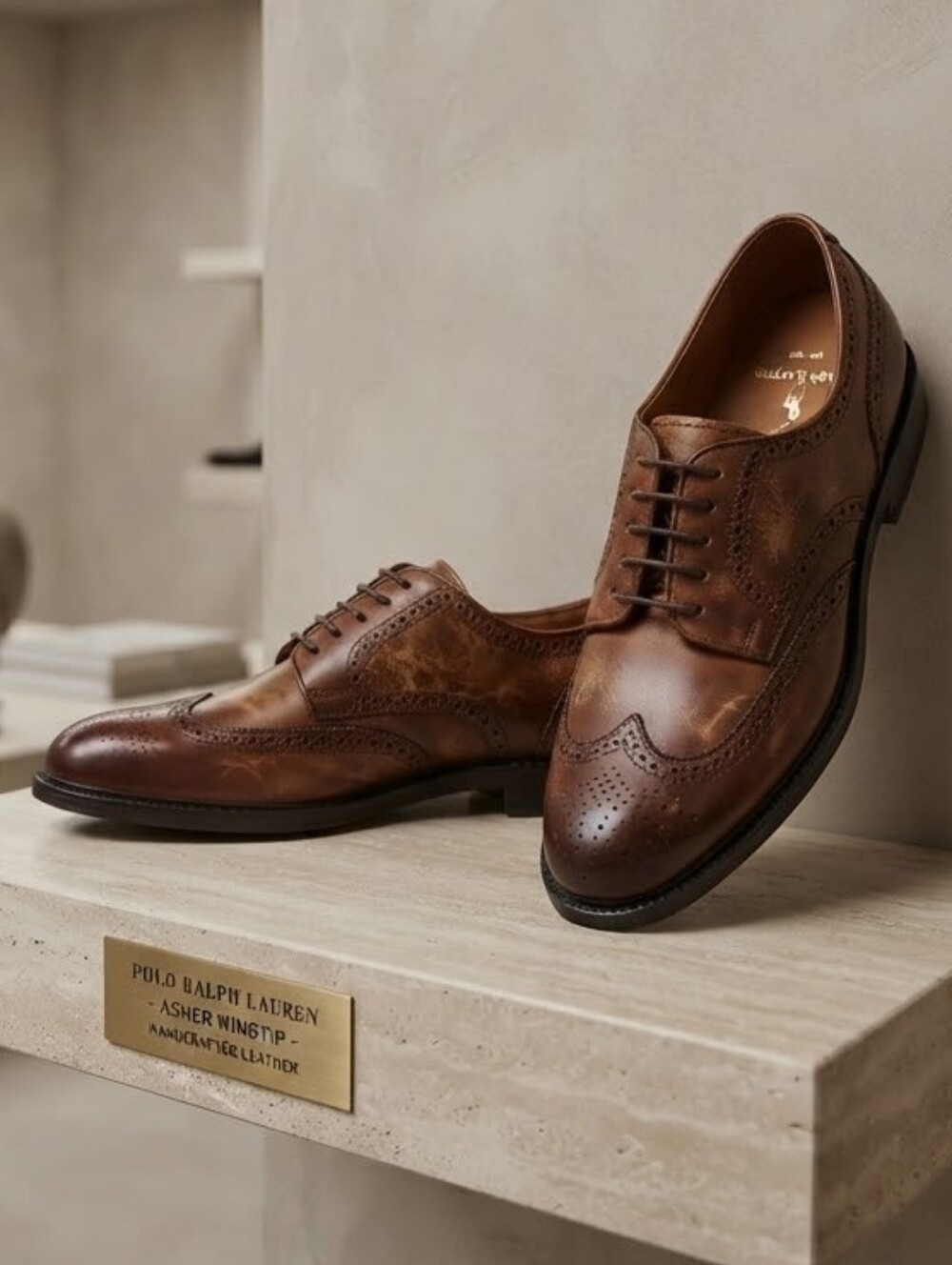 NWOT Polo Ralph Lauren Asher Brown Burnished Leather Wingtip Brogues Size 9.5